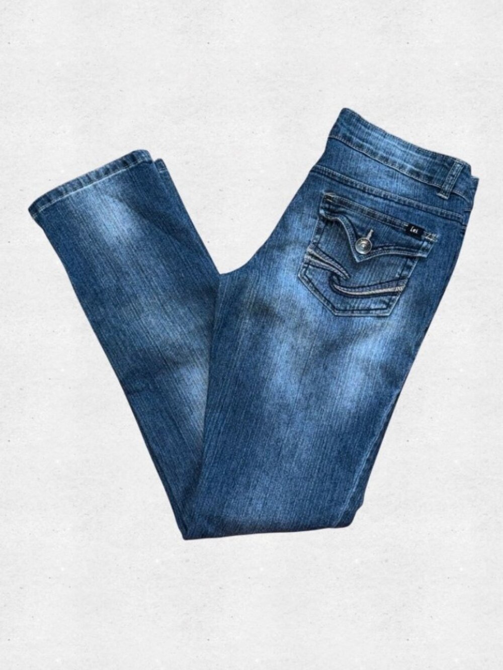 Y2K Low Rise Straight Leg Medium Wash Jeans LEI Junior 9 Flap Pocket McBling